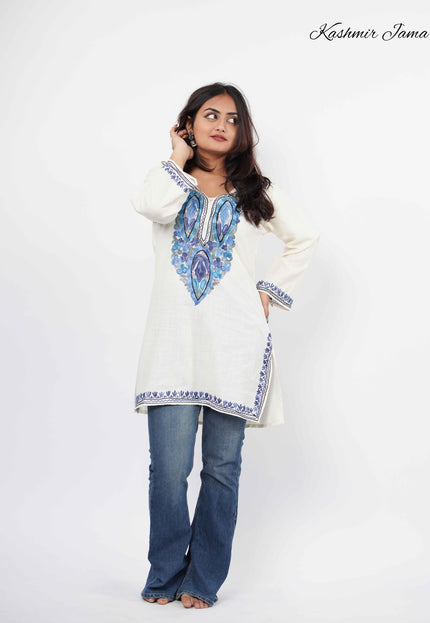 Kashmiri Aari Work Cotton Kurti - White | Short