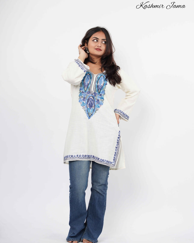 Kashmiri Aari Work Cotton Kurti - White | Short