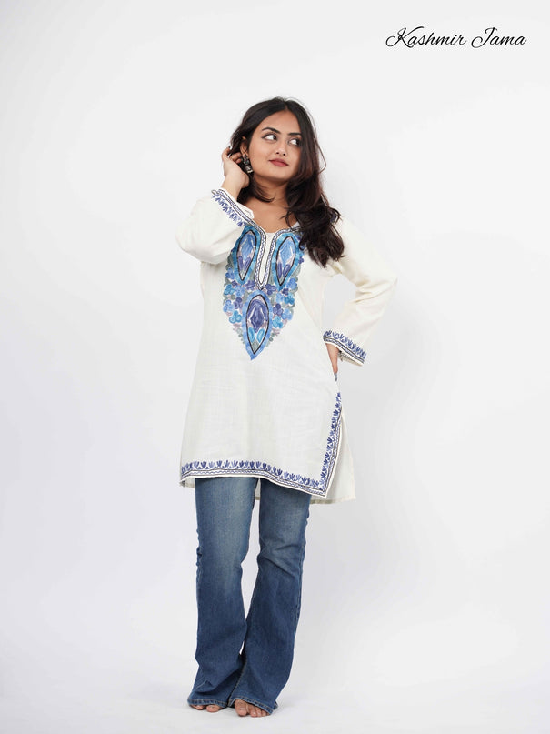 Kashmiri Aari Work Cotton Kurti - White | Short