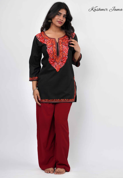 Trendy Aari Work Kurti Black With Red Embroidery - Short | Cotton