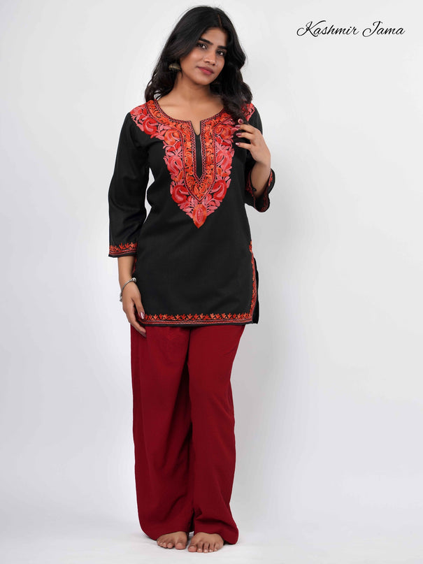 Trendy Aari Work Kurti Black With Red Embroidery - Short | Cotton