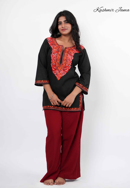 Trendy Aari Work Kurti Black With Red Embroidery - Short | Cotton