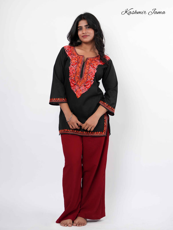 Trendy Aari Work Kurti Black With Red Embroidery - Short | Cotton