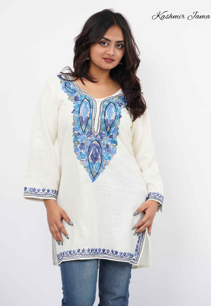Kashmiri Aari Work Cotton Kurti - White | Short