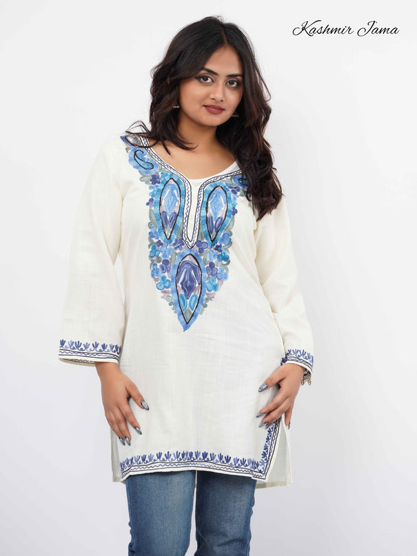 Kashmiri Aari Work Cotton Kurti - White | Short