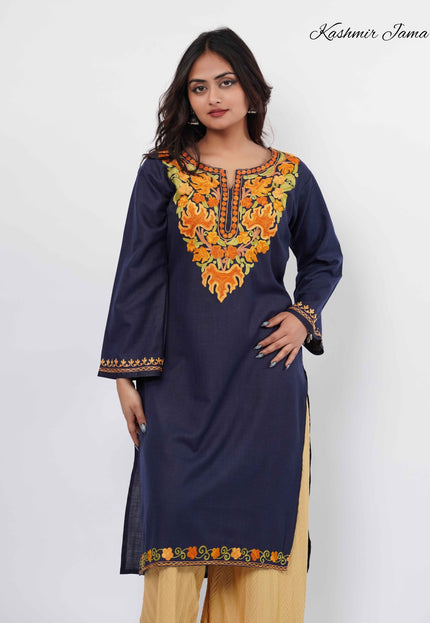 Kashmiri Aari Work Cotton Kurti - Royal Blue | Long