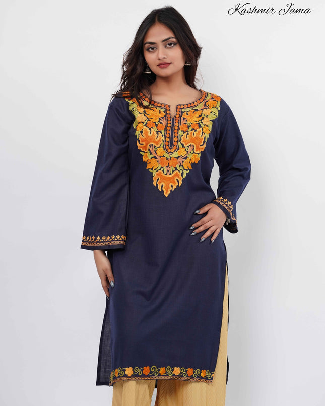 Kashmiri Aari Work Cotton Kurti - Royal Blue | Long