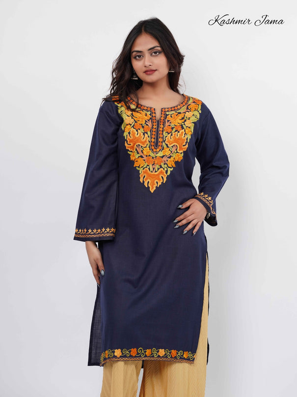 Kashmiri Aari Work Cotton Kurti - Royal Blue | Long