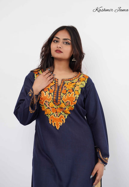 Kashmiri Aari Work Cotton Kurti - Royal Blue | Long