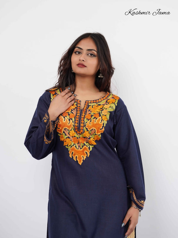 Kashmiri Aari Work Cotton Kurti - Royal Blue | Long