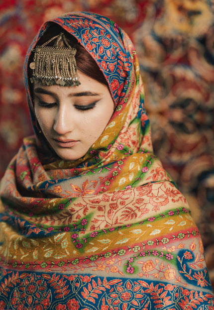 Kashmiri Kalamkari Sozni Shawl - Multi Colour | Handmade - Kashmir Jama