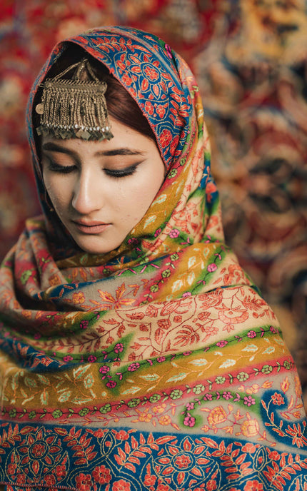 Kashmiri Kalamkari Sozni Shawl - Multi Colour | Handmade - Kashmir Jama