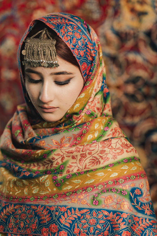 Kashmiri Kalamkari Sozni Shawl - Multi Colour | Handmade - Kashmir Jama