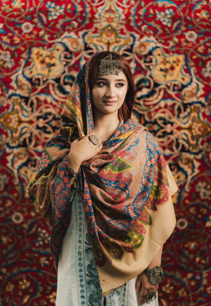 Kashmiri Kalamkari Sozni Shawl - Multi Colour | Handmade - Kashmir Jama