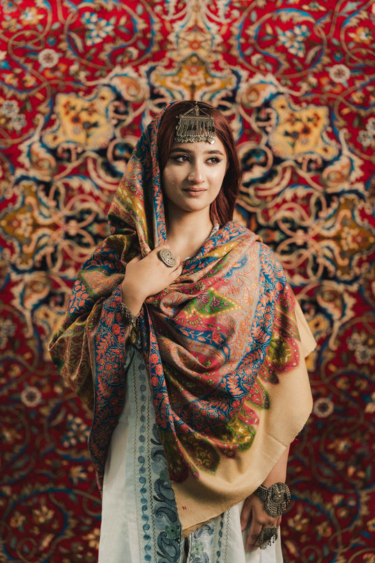 Kashmiri Kalamkari Sozni Shawl - Multi Colour | Handmade - Kashmir Jama