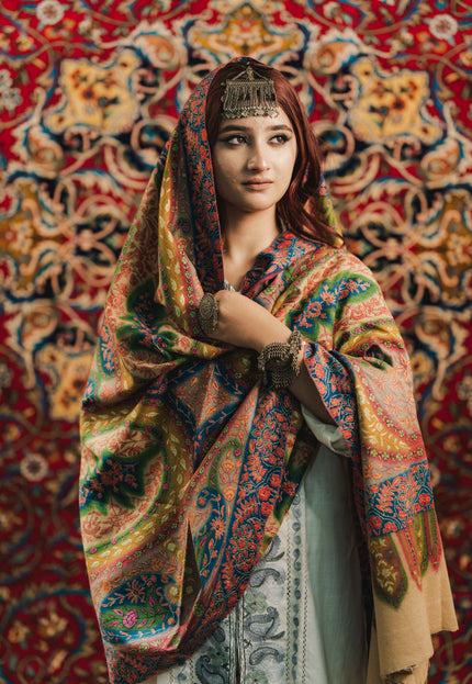 Kashmiri Kalamkari Sozni Shawl - Multi Colour | Handmade - Kashmir Jama