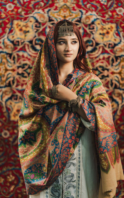 Kashmiri Kalamkari Sozni Shawl - Multi Colour | Handmade - Kashmir Jama