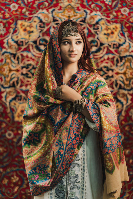 Kashmiri Kalamkari Sozni Shawl - Multi Colour | Handmade - Kashmir Jama