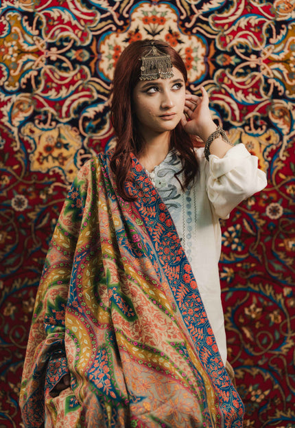 Kashmiri Kalamkari Sozni Shawl - Multi Colour | Handmade - Kashmir Jama