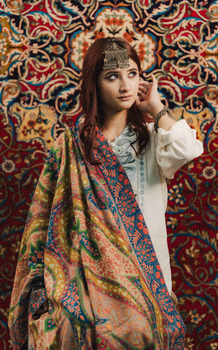 Kashmiri Kalamkari Sozni Shawl - Multi Colour | Handmade - Kashmir Jama
