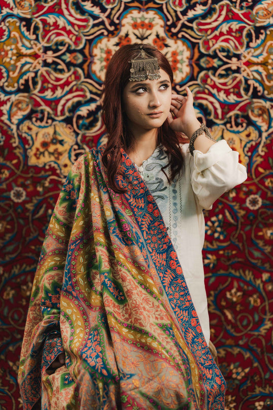 Kashmiri Kalamkari Sozni Shawl - Multi Colour | Handmade - Kashmir Jama