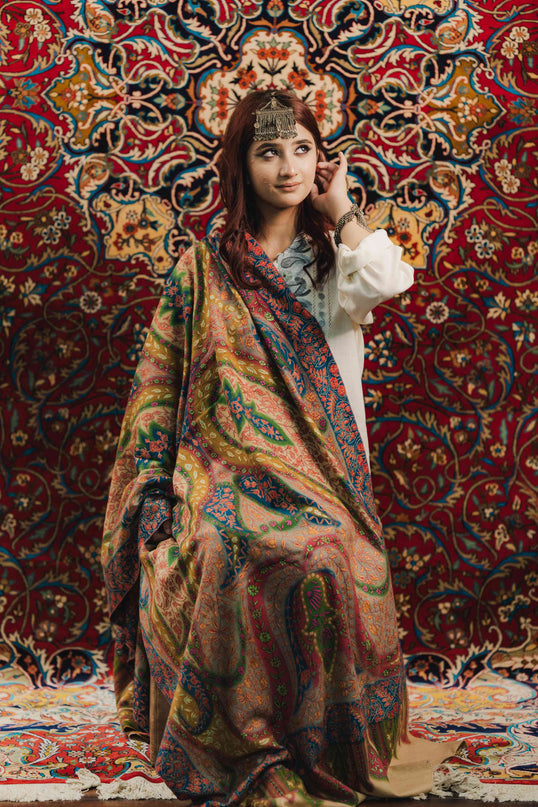 Kashmiri Kalamkari Sozni Shawl - Multi Colour | Handmade - Kashmir Jama