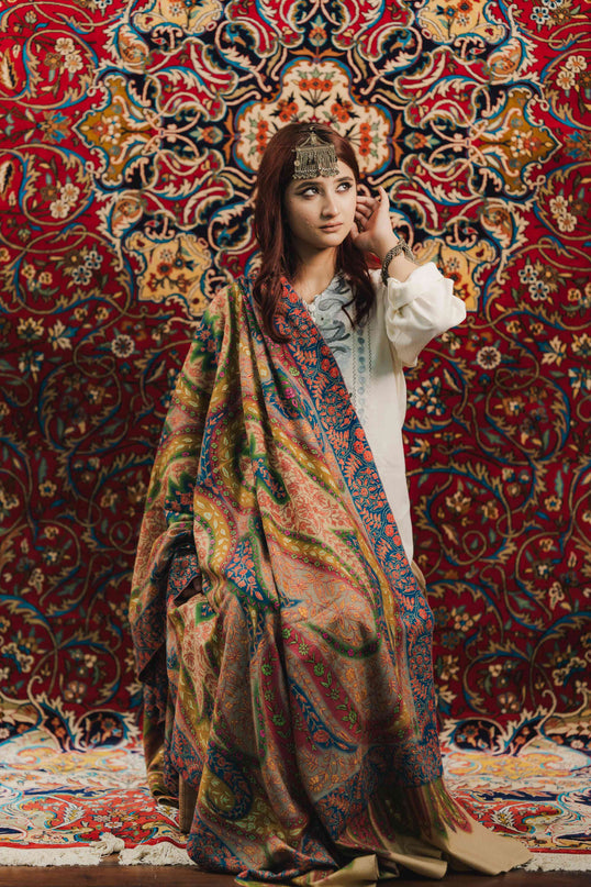 Kashmiri Kalamkari Sozni Shawl - Multi Colour | Handmade - Kashmir Jama