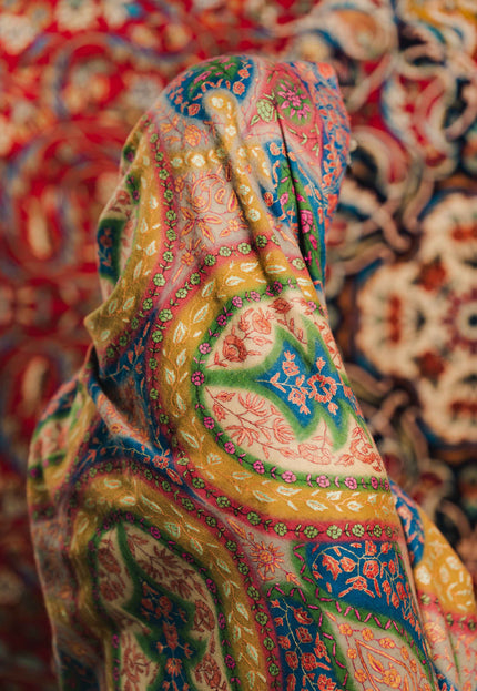 Kashmiri Kalamkari Sozni Shawl - Multi Colour | Handmade - Kashmir Jama