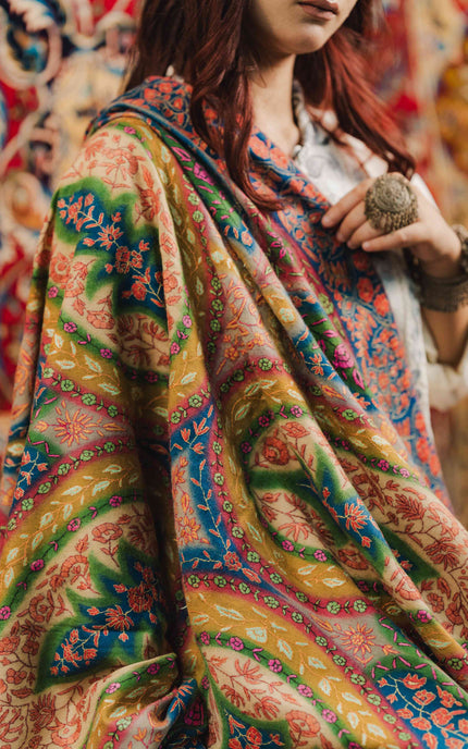 Kashmiri Kalamkari Sozni Shawl - Multi Colour | Handmade - Kashmir Jama