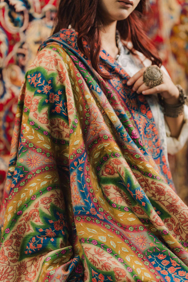 Kashmiri Kalamkari Sozni Shawl - Multi Colour | Handmade - Kashmir Jama