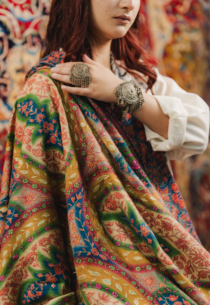 Kashmiri Kalamkari Sozni Shawl - Multi Colour | Handmade - Kashmir Jama