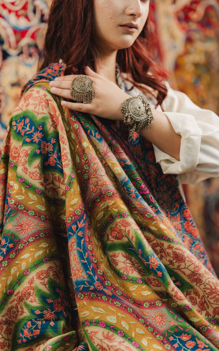 Kashmiri Kalamkari Sozni Shawl - Multi Colour | Handmade - Kashmir Jama