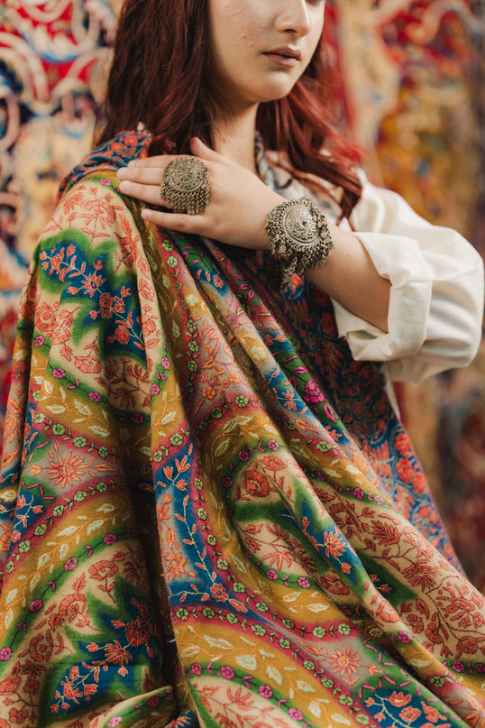 Kashmiri Kalamkari Sozni Shawl - Multi Colour | Handmade - Kashmir Jama