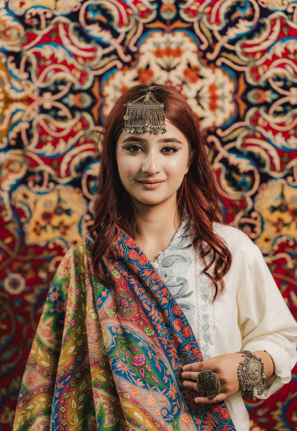 Kashmiri Kalamkari Sozni Shawl - Multi Colour | Handmade - Kashmir Jama