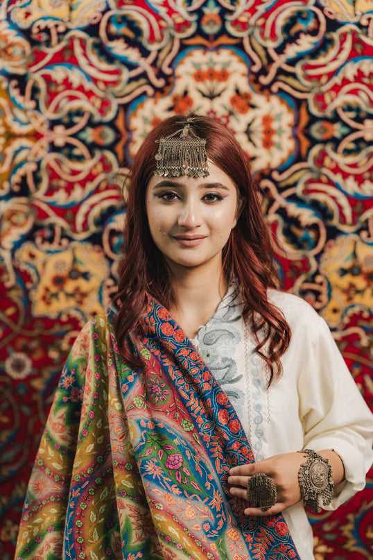 Kashmiri Kalamkari Sozni Shawl - Multi Colour | Handmade - Kashmir Jama