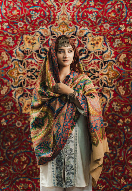 Kashmiri Kalamkari Sozni Shawl - Multi Colour | Handmade - Kashmir Jama