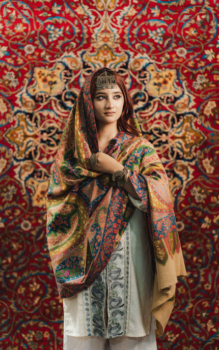Kashmiri Kalamkari Sozni Shawl - Multi Colour | Handmade - Kashmir Jama