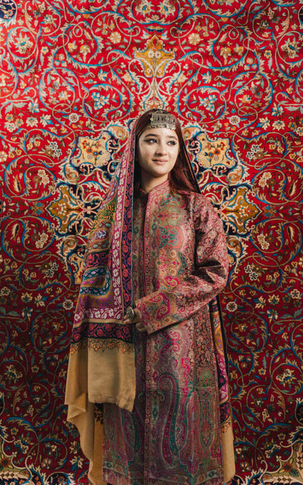 Kashmiri Kalamkari Sozni Shawl - Almond Multi Colour | Handmade - Kashmir Jama