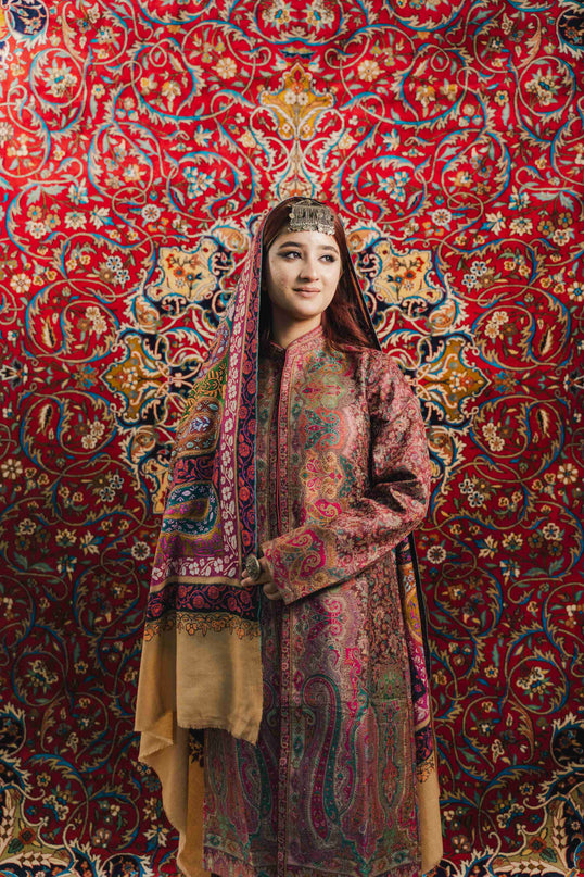 Kashmiri Kalamkari Sozni Shawl - Almond Multi Colour | Handmade - Kashmir Jama