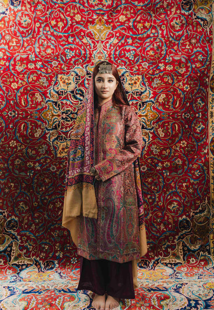 Kashmiri Kalamkari Sozni Shawl - Almond Multi Colour | Handmade - Kashmir Jama