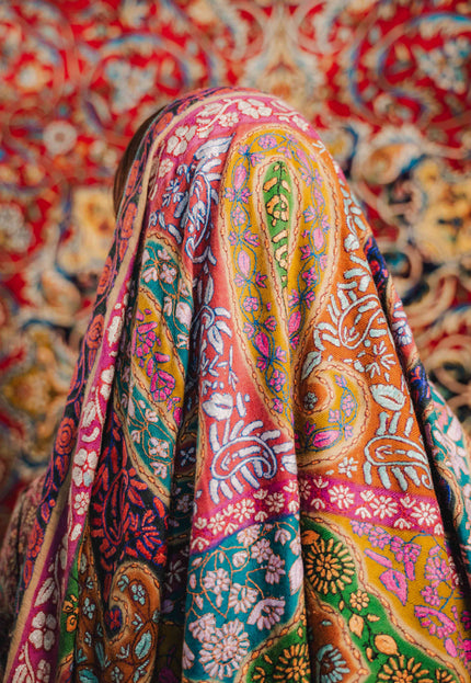 Kashmiri Kalamkari Sozni Shawl - Almond Multi Colour | Handmade - Kashmir Jama
