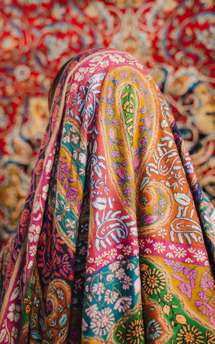 Kashmiri Kalamkari Sozni Shawl - Almond Multi Colour | Handmade - Kashmir Jama