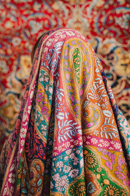 Kashmiri Kalamkari Sozni Shawl - Almond Multi Colour | Handmade - Kashmir Jama