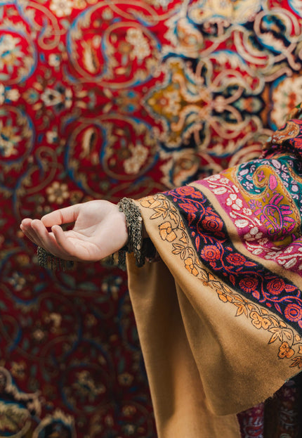 Kashmiri Kalamkari Sozni Shawl - Almond Multi Colour | Handmade - Kashmir Jama
