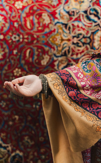 Kashmiri Kalamkari Sozni Shawl - Almond Multi Colour | Handmade - Kashmir Jama