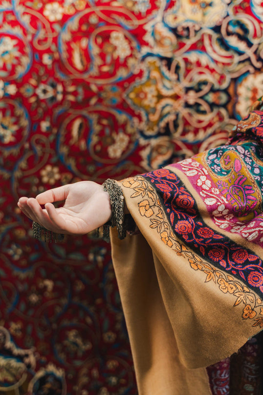 Kashmiri Kalamkari Sozni Shawl - Almond Multi Colour | Handmade - Kashmir Jama