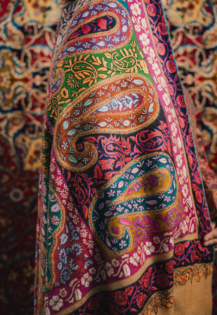 Kashmiri Kalamkari Sozni Shawl - Almond Multi Colour | Handmade - Kashmir Jama