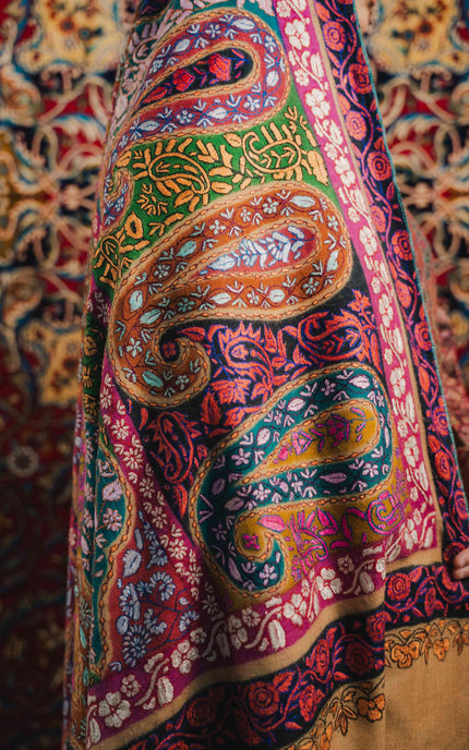 Kashmiri Kalamkari Sozni Shawl - Almond Multi Colour | Handmade - Kashmir Jama