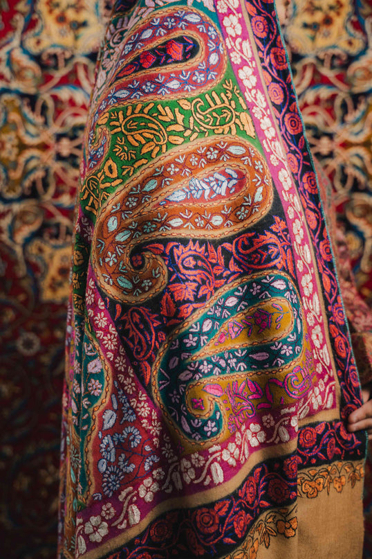 Kashmiri Kalamkari Sozni Shawl - Almond Multi Colour | Handmade - Kashmir Jama