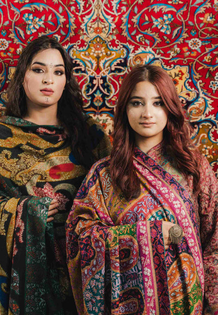 Kashmiri Kalamkari Sozni Work Shawl - Black Heritage | Handmade - Kashmir Jama